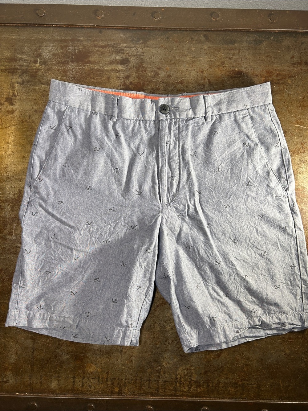Cigar Box Men's Light Blue Anchor-Print Flat Front Shorts Size 32”